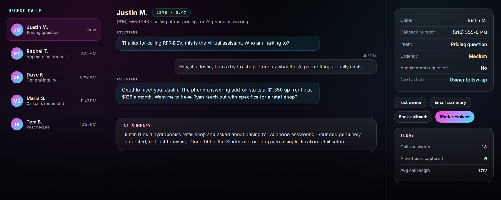 AI Phone Answering Kansas City - live caller transcript, summary, and owner follow-up actions